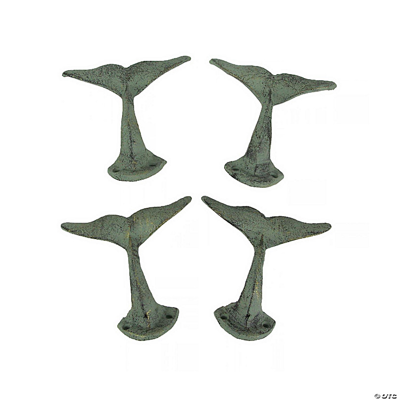 Zeckos Set of 4 Durable Cast Iron Whale Tail Wall Hooks with Verdigris  Green Finish - Nautical Decorative Hooks for Coats, Robes, or Leashes - 4.5  Inches Long