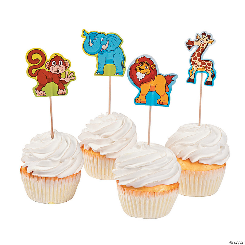 24 PCS Jungle Animals Tiger Monkey Cake Picks Party Cupcake Decorations Standup 