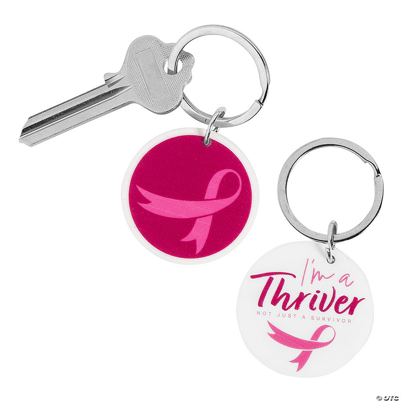 1 1/2" Breast Cancer Thriver Pink Ribbon Rubber Keychains &#8211; 12 Pc. Image