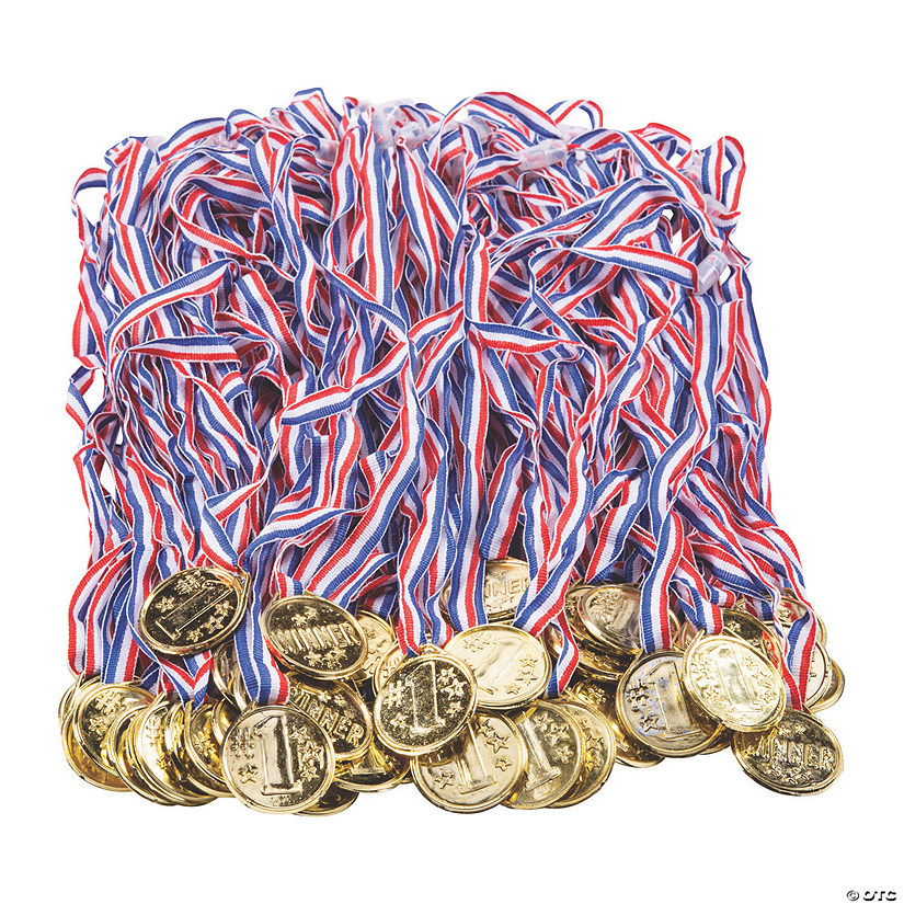 1 1/2" Bulk 72 Pc. #1 Goldtone Winner Medals with Red, White & Blue Ribbon Image