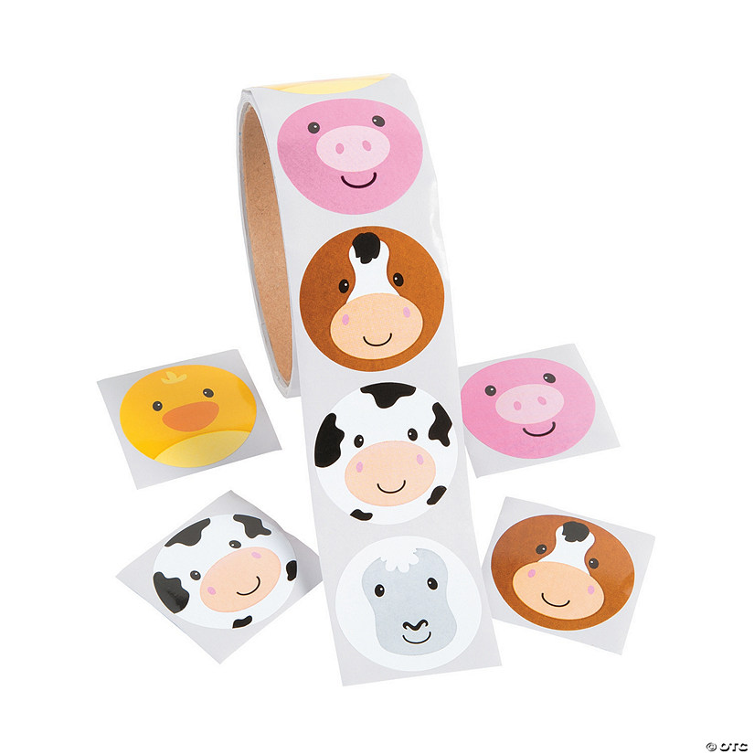 1 1/2" Farm Animal Face Multicolor Paper Sticker Roll - 100 Pc. Image