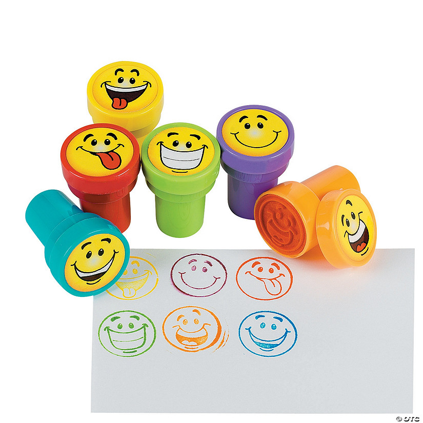 1 1/2" Goofy Smile Face Self-Inking Bright Color Plastic Stampers - 24 Pc. Image