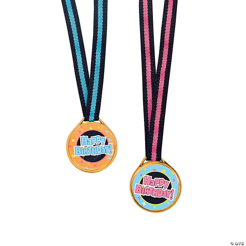 1 1/2" Happy Birthday Plastic Medals with Blue & Pink Ribbon - 12 Pc. Image