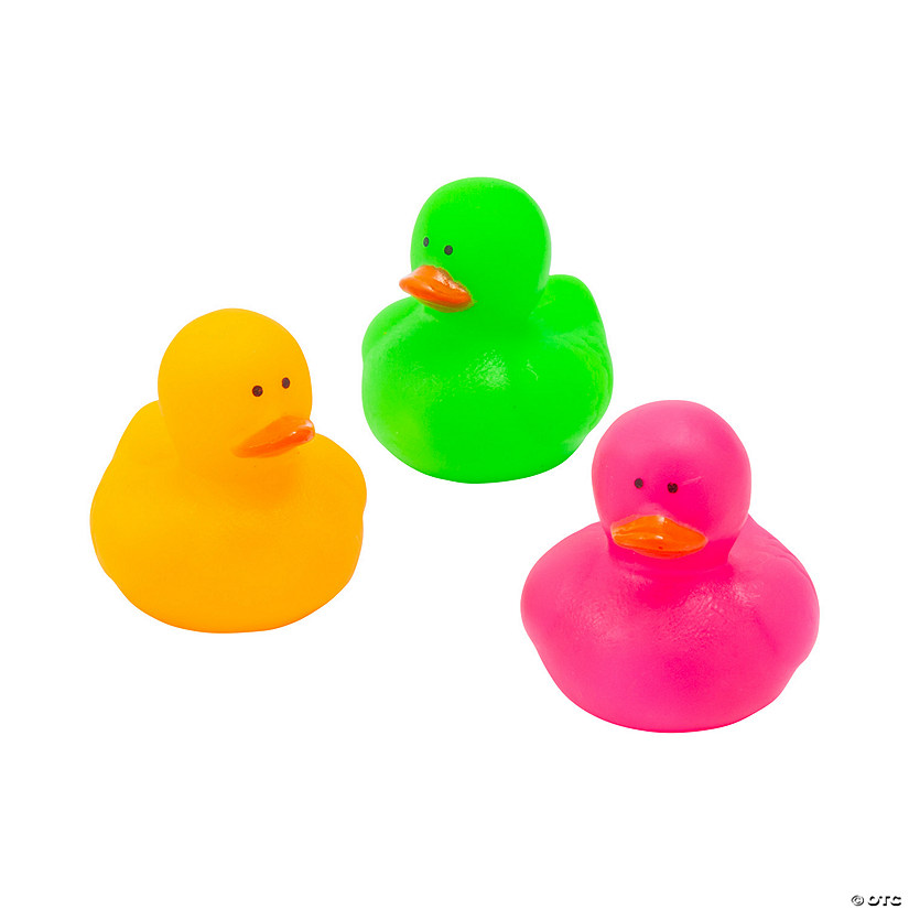 1 1/2" Mini Orange, Green & Pink Neon Vinyl Rubber Ducks - 24 Pc. Image