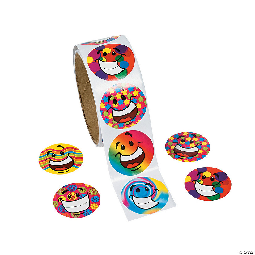 1 1/2" Multicolor Funky Smile Face Paper Sticker Roll 100 Pc