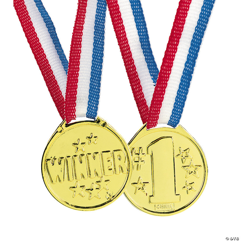 1 1/2" Plastic Goldtone Winner Medals with Striped Ribbon - 12 Pc. Image