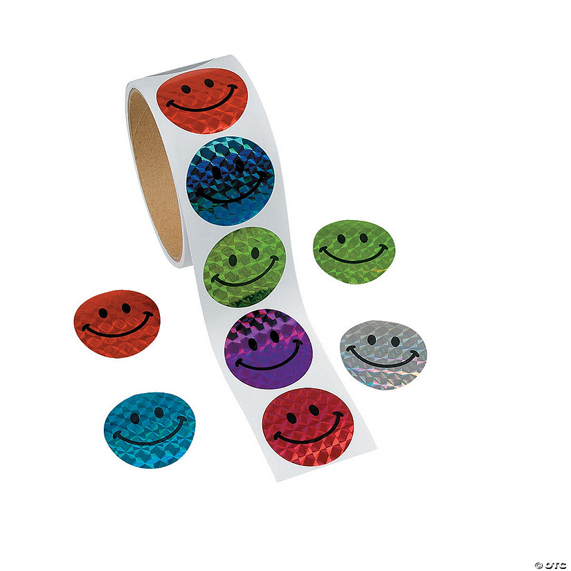 1 1/2" Prismatic Smile Face Multicolor Paper Sticker Roll - 100 Pc. Image