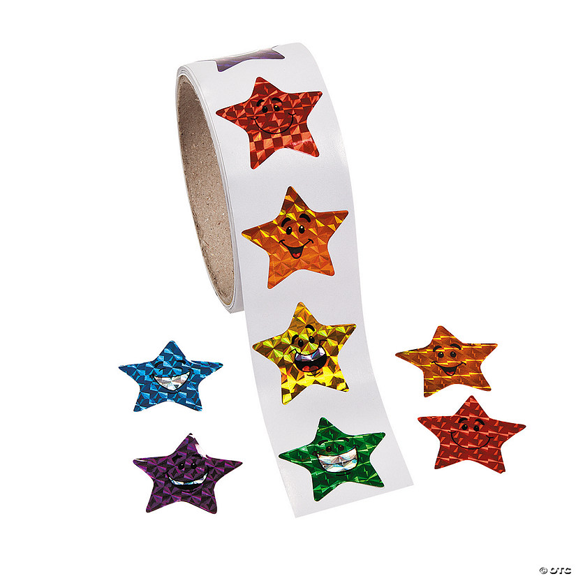 1 1/2" Prismatic Smiling Stars Multicolor Paper Sticker Roll - 100 Pc. Image