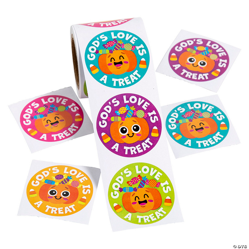 1 1/2" Religious Halloween God&#8217;s Love is a Treat Pumpkin Sticker Roll - 100 Pc. Image