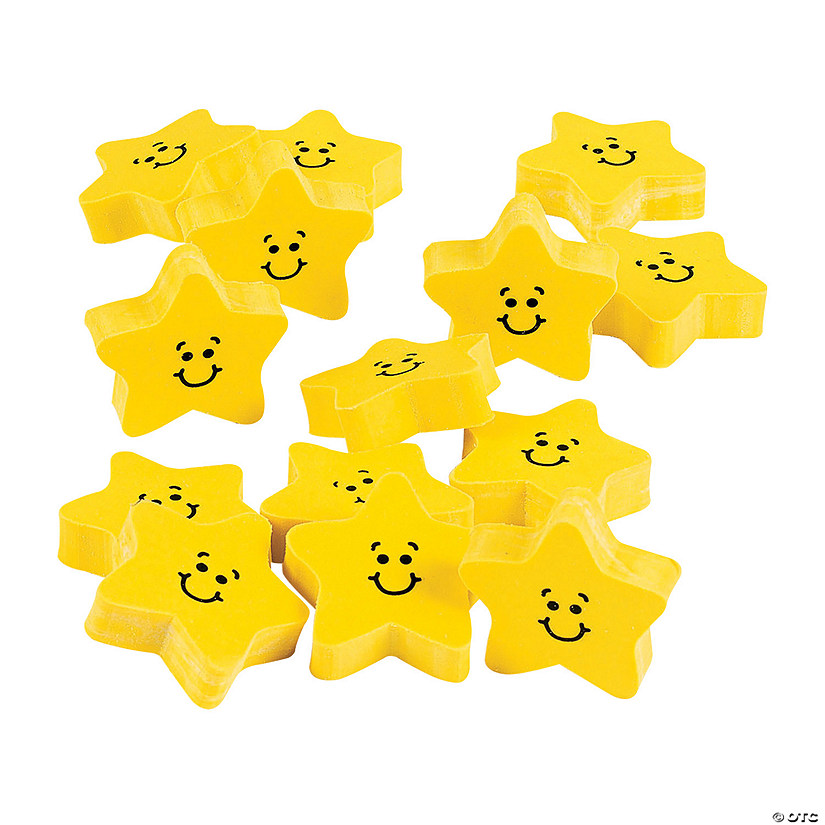 1 1/2" Smile Face Star Yellow Rubber Erasers 24 Pc. Oriental Trading