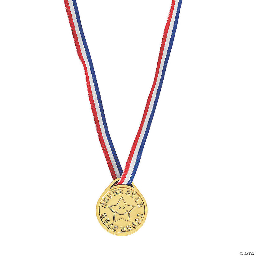 1 1/2" Super Star Goldtone Plastic Medals with Red, White & Blue Ribbon - 12 Pc. Image