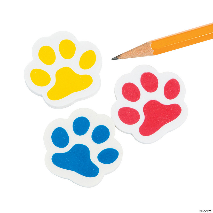 1 1/2" Yellow, Red or Blue Paw Print Rubber Erasers - 24 Pc. Image