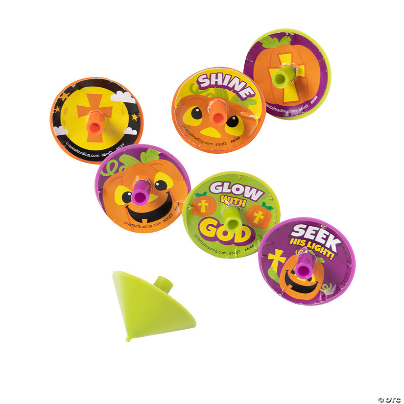 1 1/4" Bulk 144 Pc. Mini Christian Pumpkin Solid Color Plastic Spin Tops Image