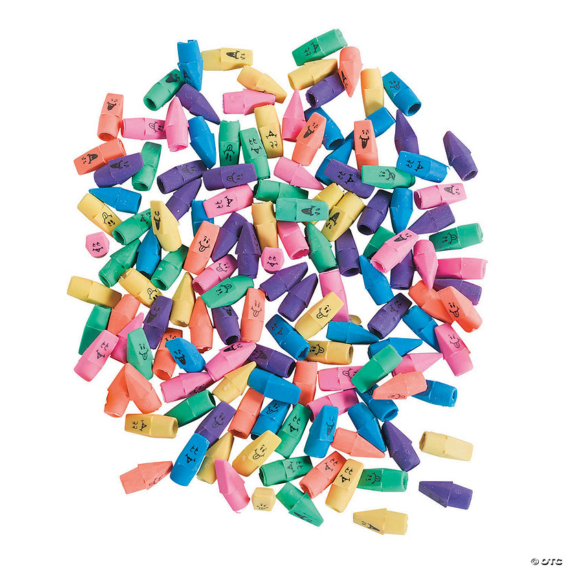 1 1/4&quot; Bulk 144 Pc. Neon Funny Face Pencil Top Rubber Erasers Image