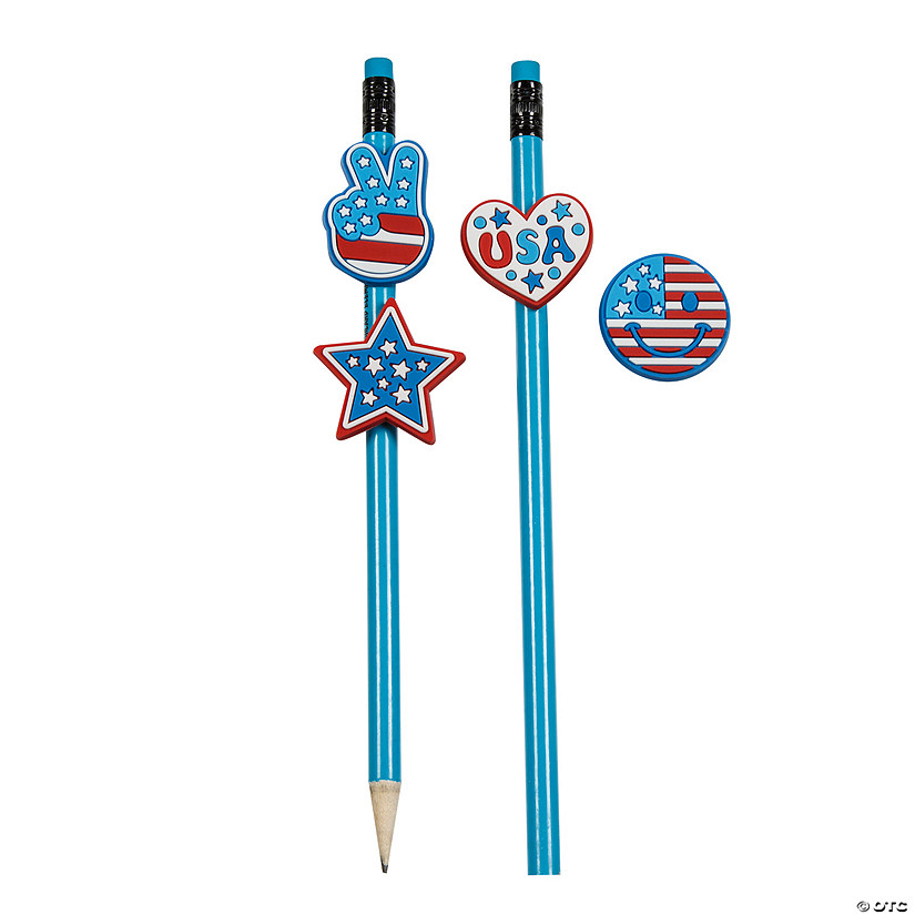 1 1/4&quot; x 1 1/2&quot; Bulk 48 Pc. Patriotic Themed Rubber Pencil Charms Assortment Image