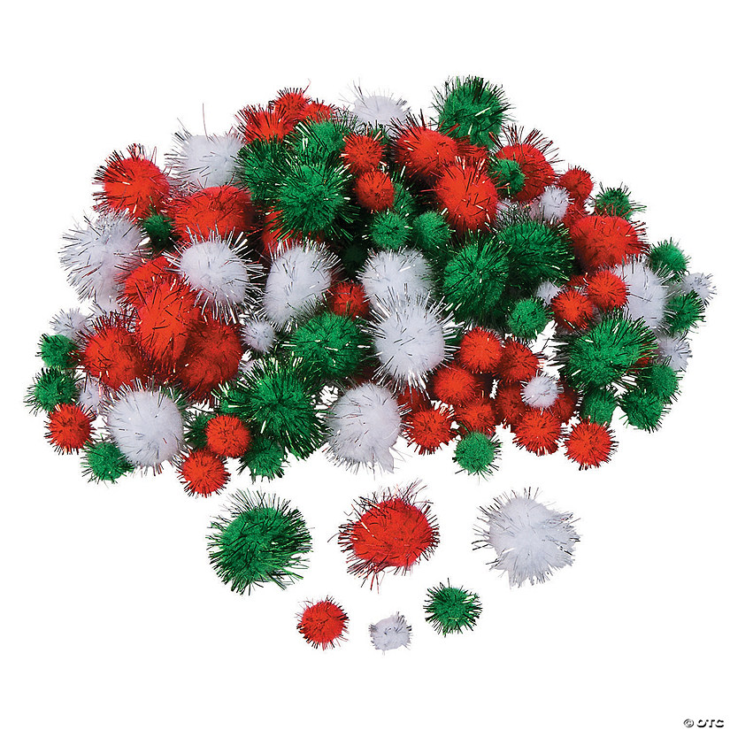 1/2" - 1" Bulk 150 Pc. Glitter Christmas Red, Green & White Acrylic Pom-Poms Image