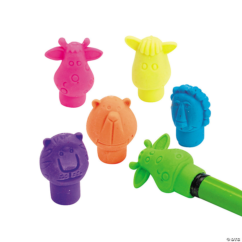 1" Bulk 144 Pc. Neon Zoo Animal Characters Pencil Top Erasers Image