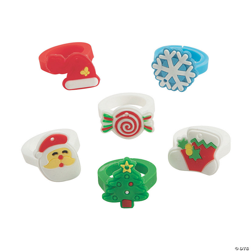 1" Christmas Symbols & Icons Multicolor Molded Rubber Rings - 24 Pc. Image