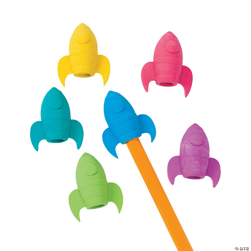 1" x 1 1/2" Rocket Ship Solid Color Rubber Pencil Top Erasers - 12 Pc. Image