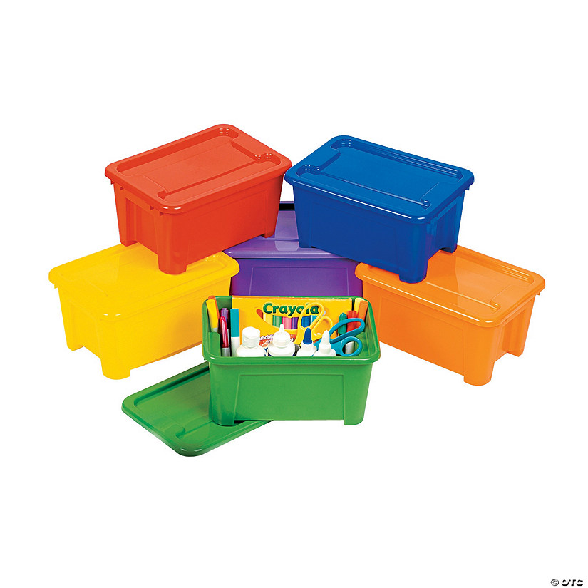 10 1/2" x 7" Classroom Storage Solid Color Plastic Bins with Lids - 6 Pc. Image