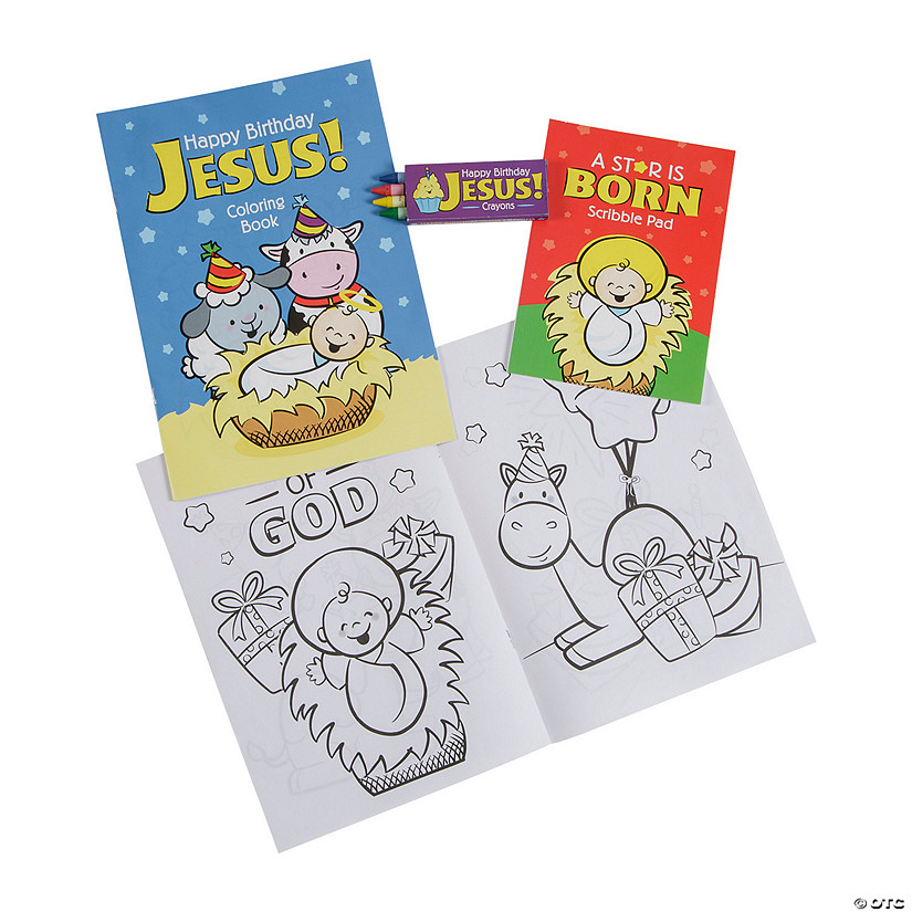 10 1/4" Happy Birthday Jesus Paper Coloring Books with 4-Color Crayons - 12 Pc. Image