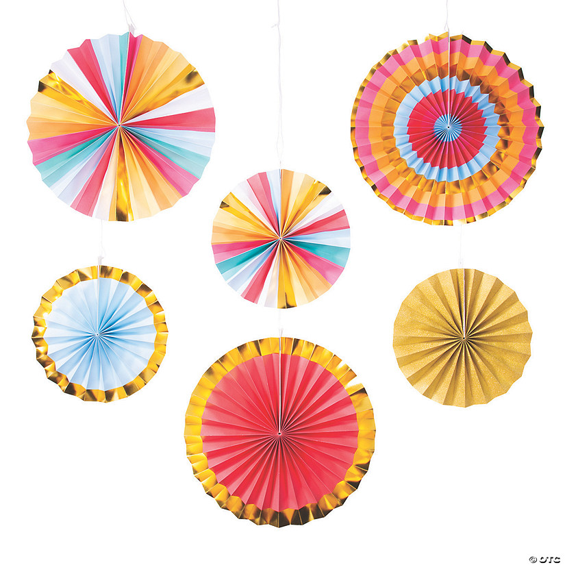 10&quot; - 14&quot; Happy Day Party Hanging Paper Fans - 6 Pc. Image