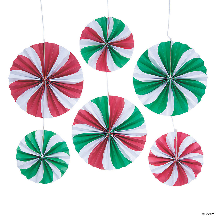 10" - 14" Peppermint Hanging Paper Fans - 6 Pc. Image