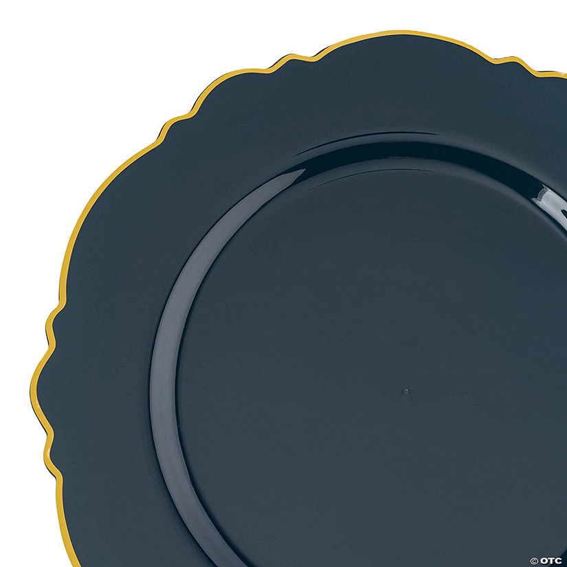 10.25" Navy with Gold Rim Round Blossom Disposable Plastic Dinner Plates (50 Plates) Image