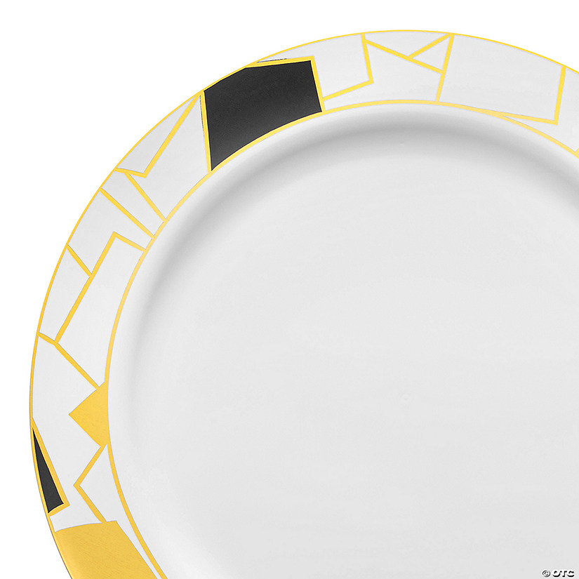 10.25" White with Black and Gold Abstract Squares Pattern Round Disposable Plastic Dinner Plates (40 Plates) Image
