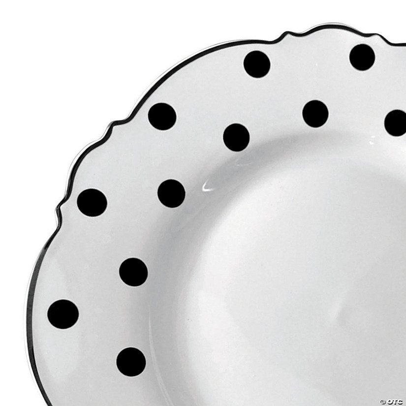 10.25" White with Black Dots Round Blossom Disposable Plastic Dinner Plates (50 Plates) Image