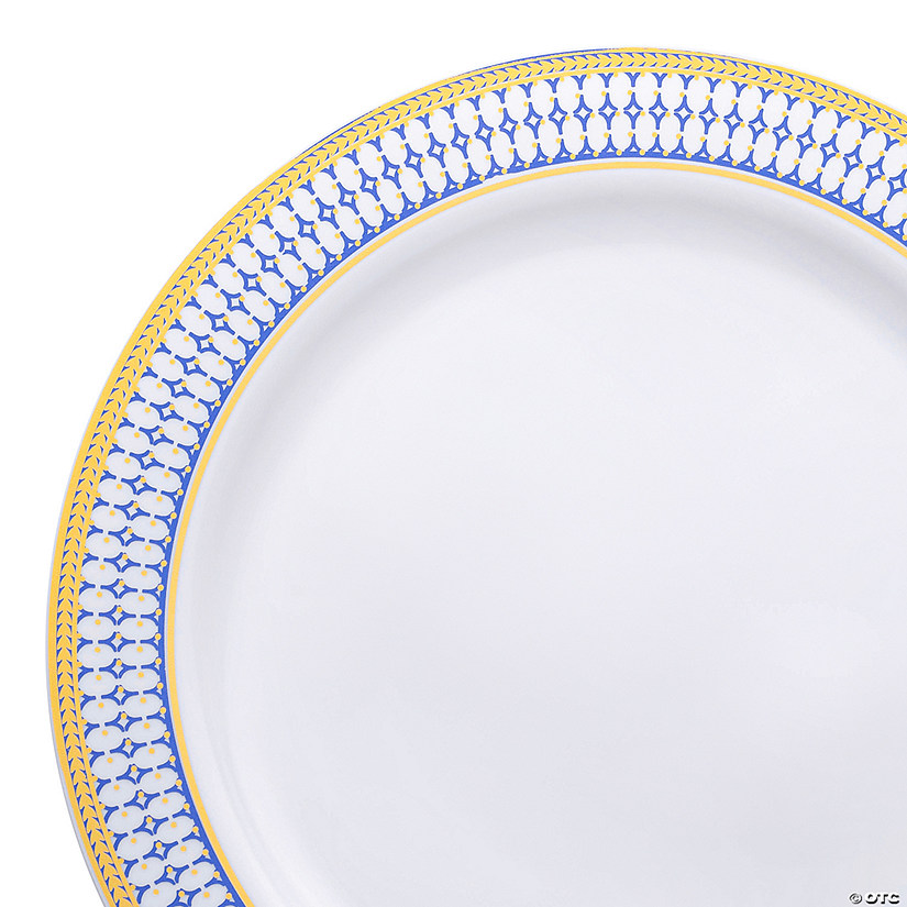 10.25" White with Blue and Gold Chord Rim Plastic Dinner Plates (40 Plates) Image