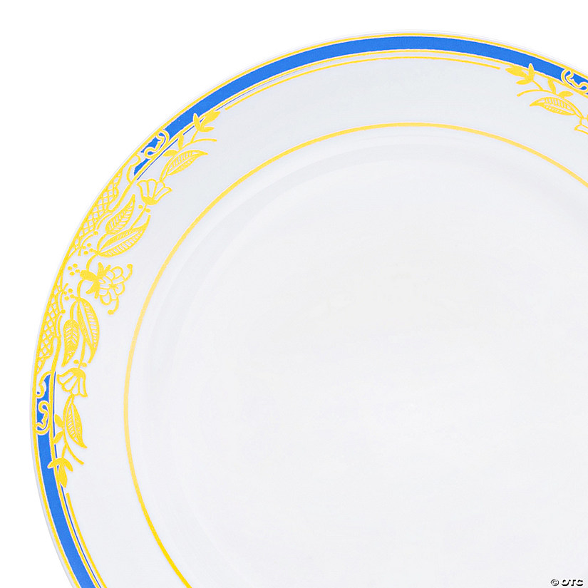 10.25" White with Blue and Gold Harmony Rim Plastic Dinner Plates (40 Plates) Image