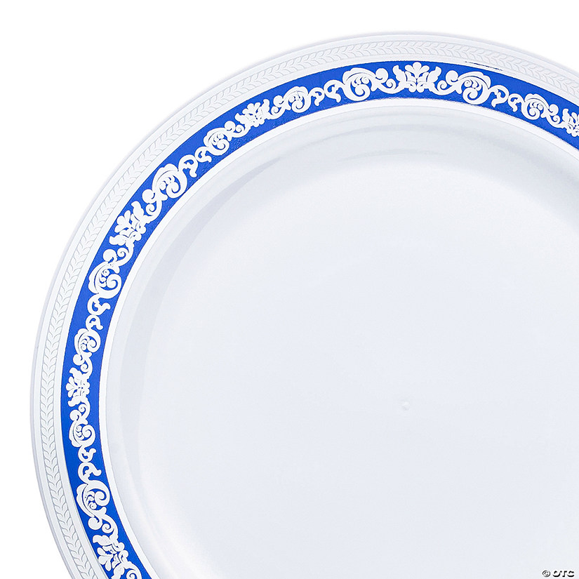 10.25" White with Blue and Silver Royal Rim Plastic Dinner Plates (40 Plates) Image