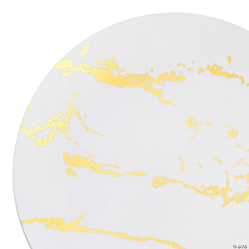 10.25" White with Gold Marble Stroke Round Disposable Plastic Dinner Plates (40 Plates) Image