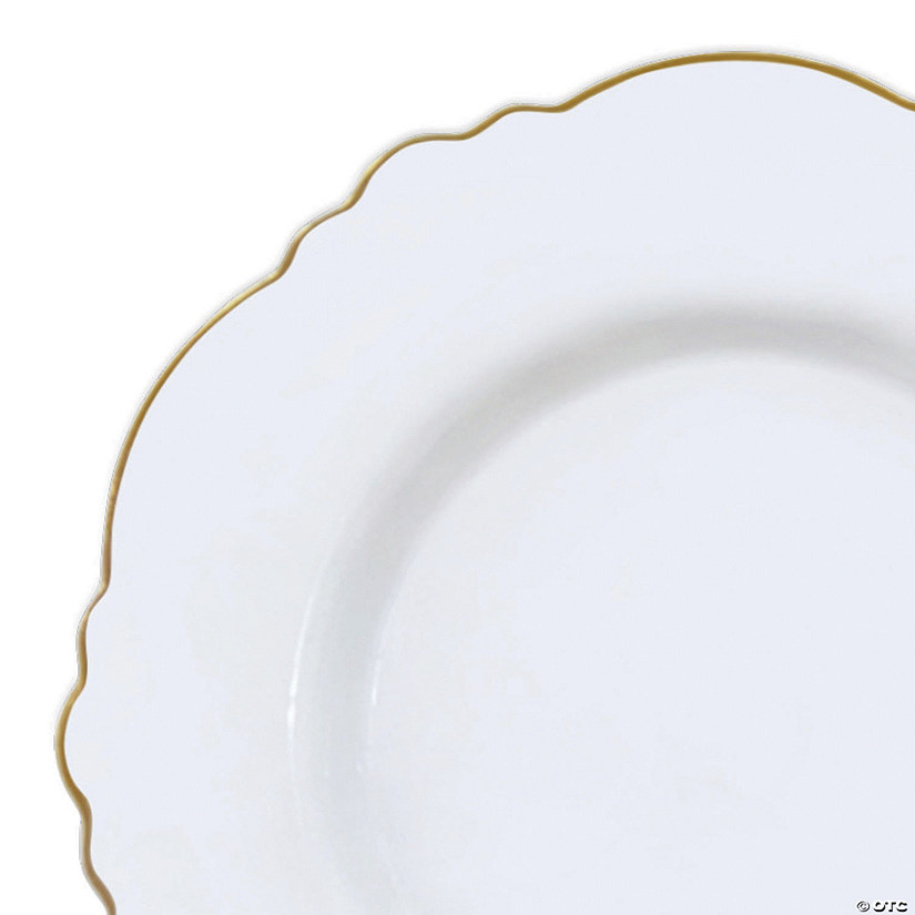 10.25" White with Gold Rim Round Blossom Disposable Plastic Dinner Plates (120 Plates) Image