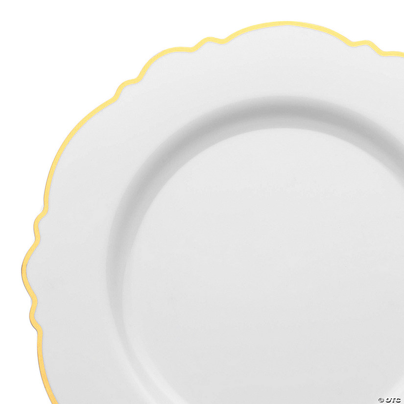 10.25" White with Gold Rim Round Blossom Disposable Plastic Dinner Plates (50 Plates) Image