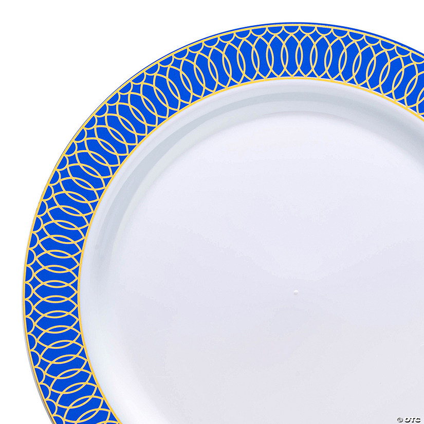 10.25" White with Gold Spiral on Blue Rim Plastic Dinner Plates (40 Plates) Image