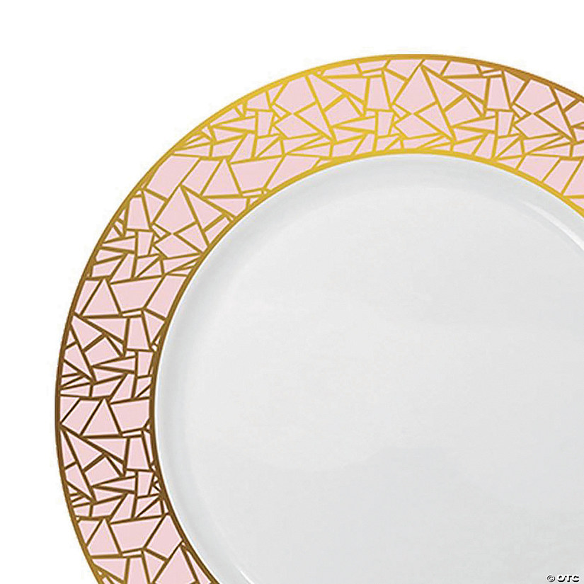 10.25" White with Pink and Gold Mosaic Rim Round Plastic Dinner Plates (40 Plates) Image