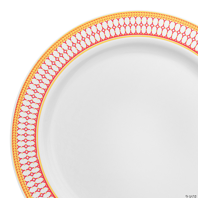 10.25" White with Red and Gold Chord Rim Plastic Dinner Plates (40 Plates) Image