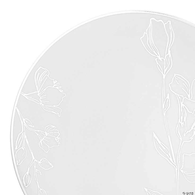 10.25" White with Silver Antique Floral Round Disposable Plastic Dinner Plates (40 Plates) Image