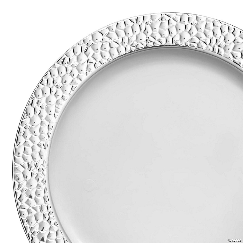 10.25" White with Silver Hammered Rim Round Plastic Dinner Plates (40 Plates) Image