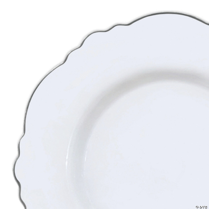 10.25" White with Silver Rim Round Blossom Disposable Plastic Dinner Plates (120 Plates) Image