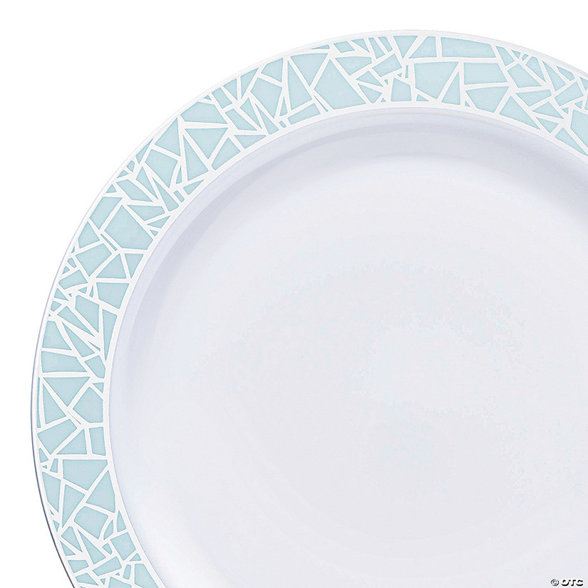10.25" White with Turquoise Blue and Silver Mosaic Rim Round Plastic Dinner Plates (40 Plates) Image