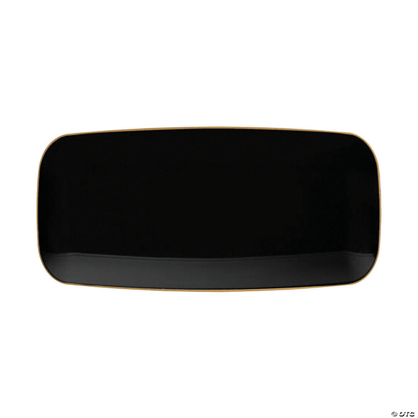 10.6" x 5" Black with Gold Rim Flat Raised Edge Rectangular Disposable Plastic Plates (120 Plates) Image