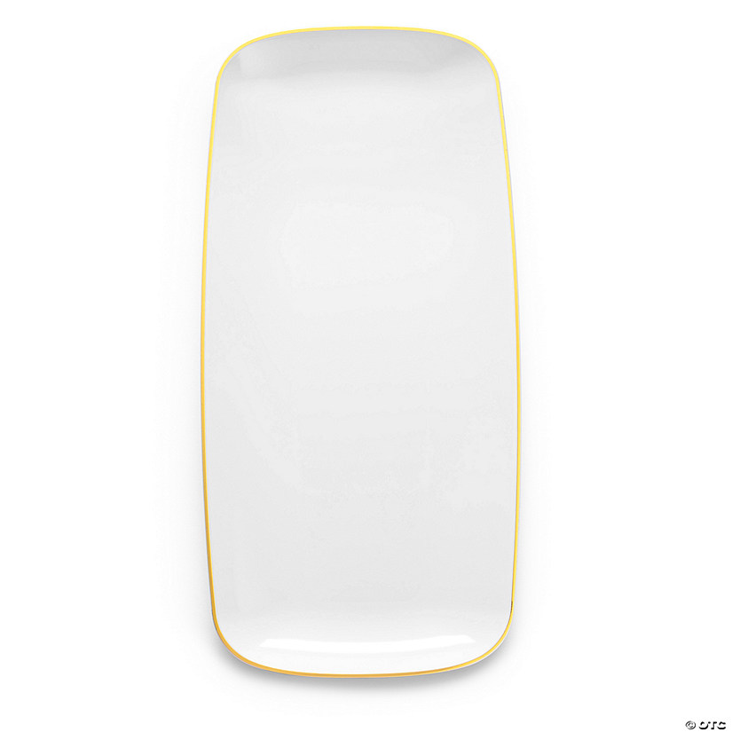 10.6" x 5" Clear with Gold Rim Flat Raised Edge Rectangular Disposable Plastic Plates (50 Plates) Image