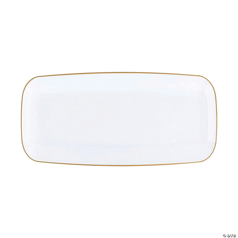 10.6" x 5" White with Gold Rim Flat Raised Edge Rectangular Disposable Plastic Plates (120 Plates) Image