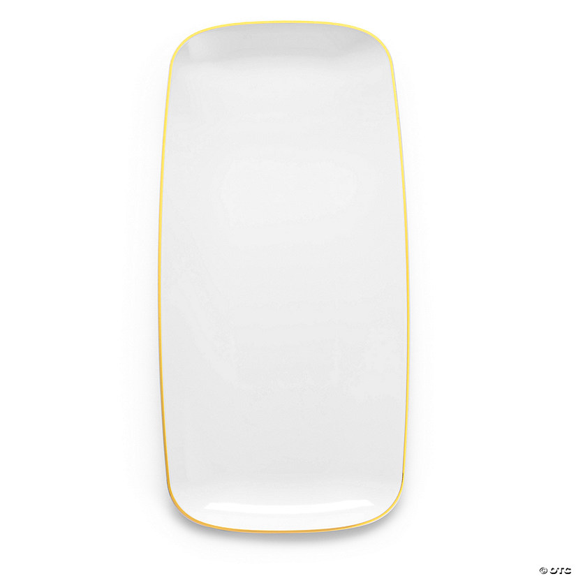 10.6" x 5" White with Gold Rim Flat Raised Edge Rectangular Disposable Plastic Plates (50 Plates) Image