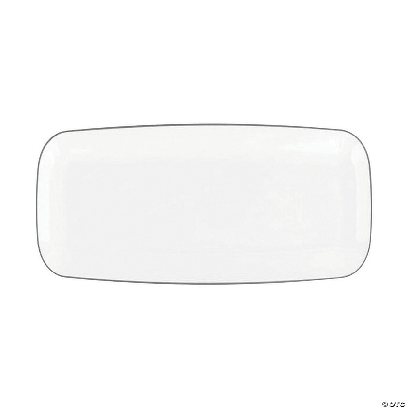 10.6" x 5" White with Silver Rim Flat Raised Edge Rectangular Disposable Plastic Plates (120 Plates) Image