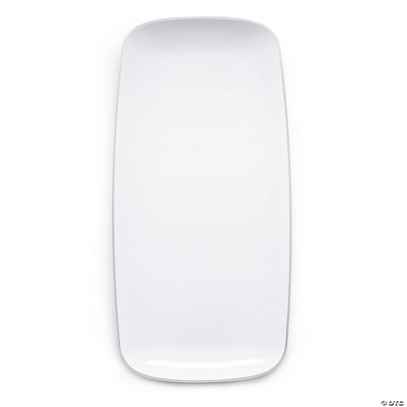 10.6" x 5" White with Silver Rim Flat Raised Edge Rectangular Disposable Plastic Plates (50 Plates) Image