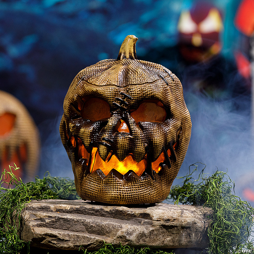 10" Animated Flaming Burlap Pumpkin Halloween Decoration Image